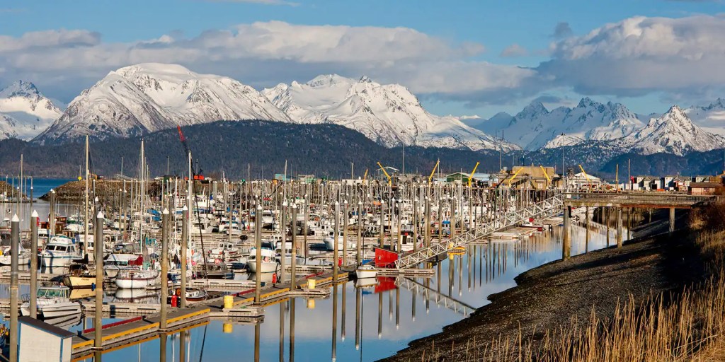The Homer harbor as seen on a calm spring day with snow capped mountains and glaciers in the background while boats of all sizes sit quietly in their slips