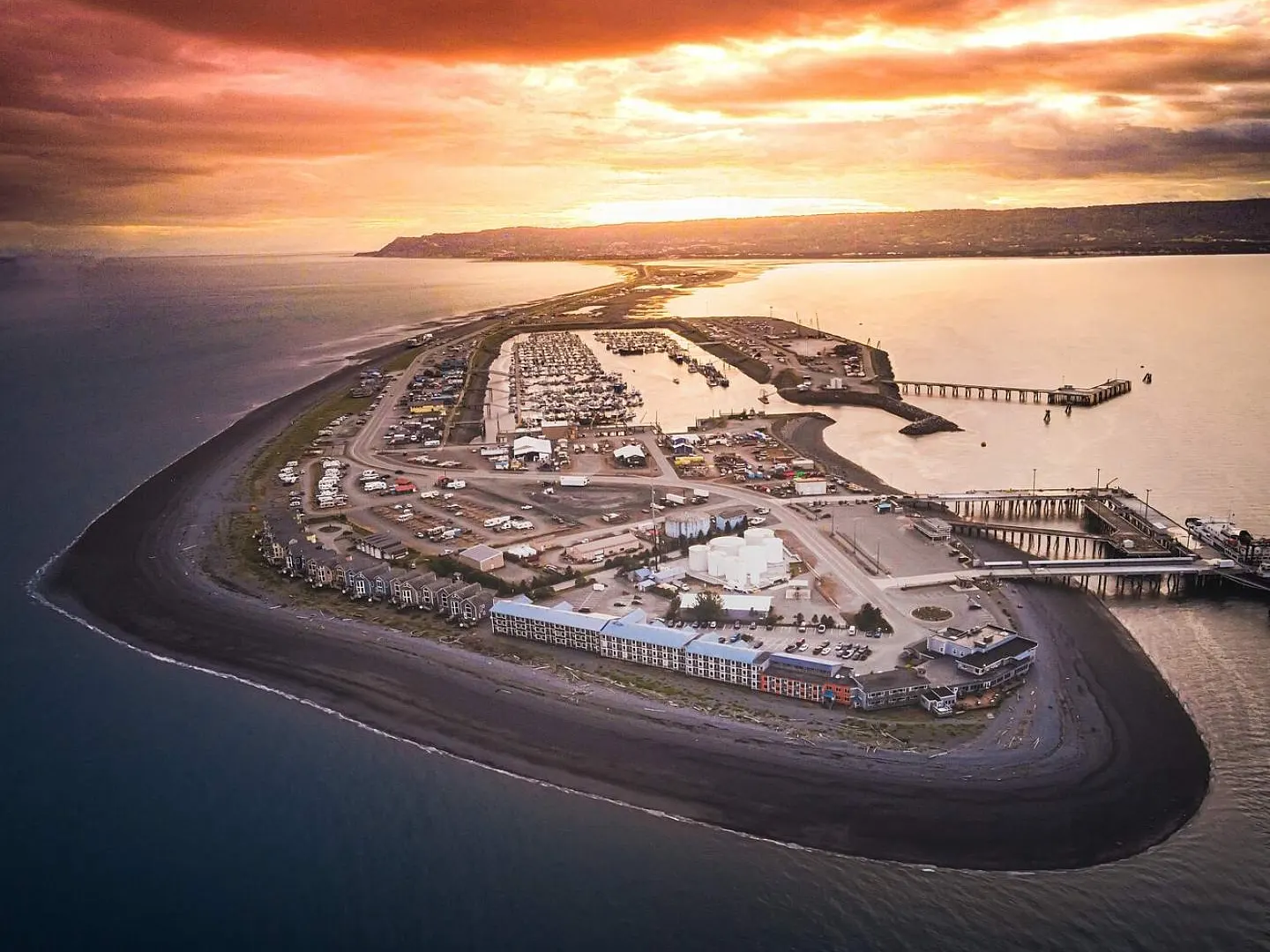 The Homer Spit as viewed from the air facing north towards anchorage at sunset