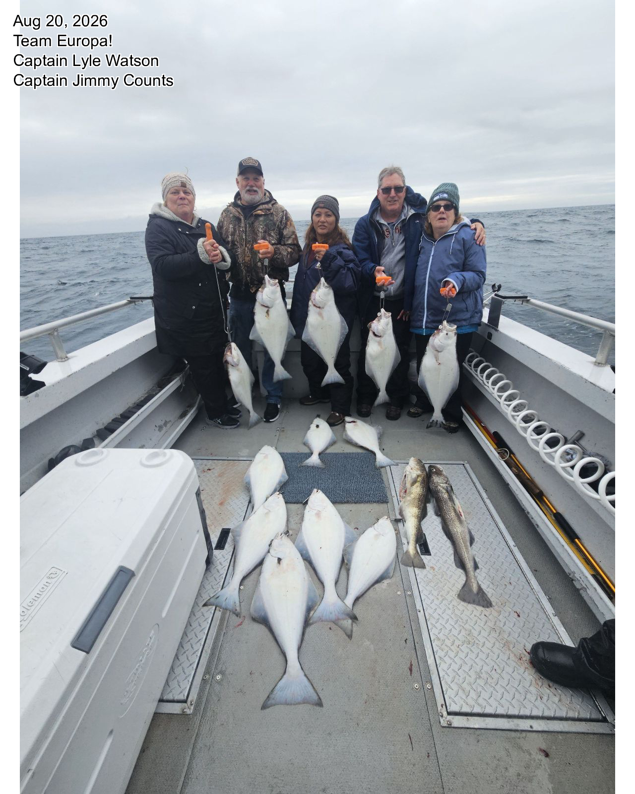 What a lineup! This crew brought in a beautiful deck full of halibut plus a couple of nice lingcod to round it out — smiles all around says it all. Thanks for fishing with Captain Lyle and Captain Jimmy aboard the Europa, we had a blast out there with you. Ready to fill your own cooler? Give us a call and let's get you out on the water. #HomerHalibutHunters #AlaskaFishing #Homer #Halibut #CatchOfTheDay